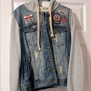 Forever 21 Hooded Denim Patches Jacket w/ Cotton Sleeves